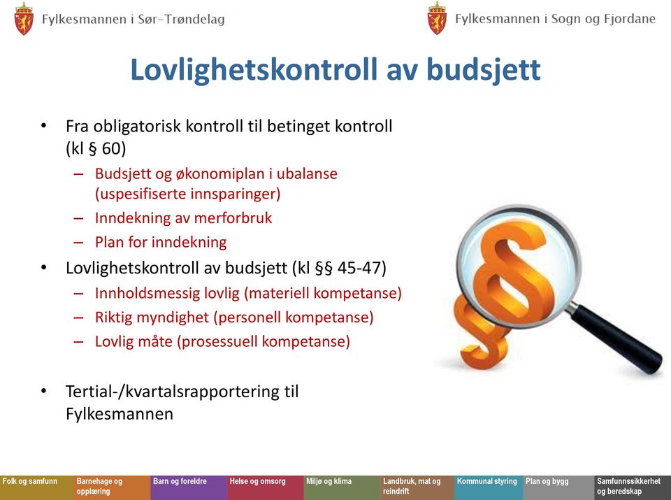 Lovlighetskontroll av budsjett (kl 45-47) Innholdsmessig lovlig (materiell kompetanse) Riktig