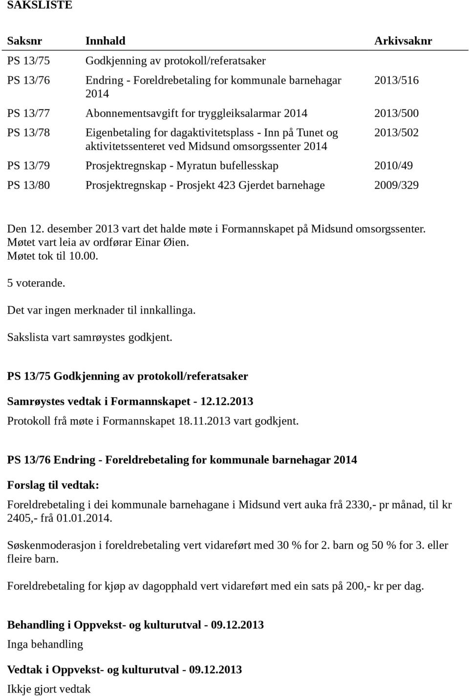 bufellesskap 2010/49 PS 13/80 Prosjektregnskap - Prosjekt 423 Gjerdet barnehage 2009/329 Den 12. desember 2013 vart det halde møte i Formannskapet på Midsund omsorgssenter.