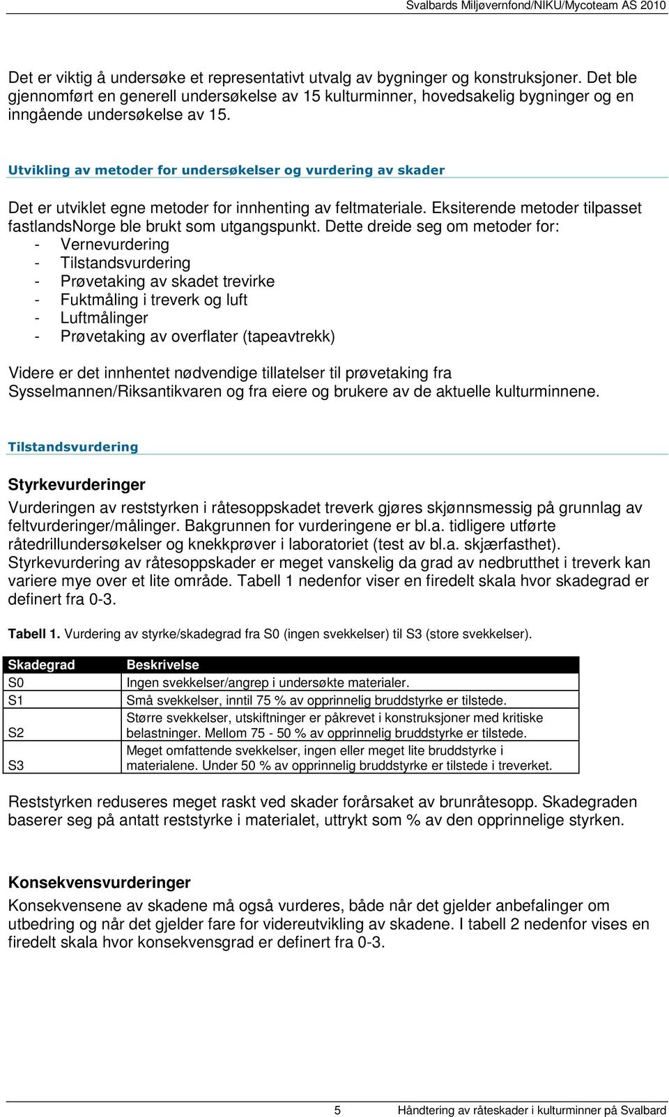 Utvikling av metoder for undersøkelser og vurdering av skader Det er utviklet egne metoder for innhenting av feltmateriale. Eksiterende metoder tilpasset fastlandsnorge ble brukt som utgangspunkt.