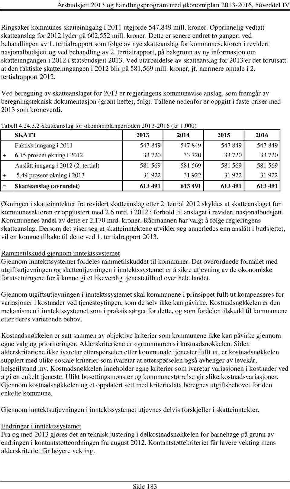 tertialrapport, på bakgrunn av ny informasjon om skatteinngangen i 2012 i statsbudsjett 2013.