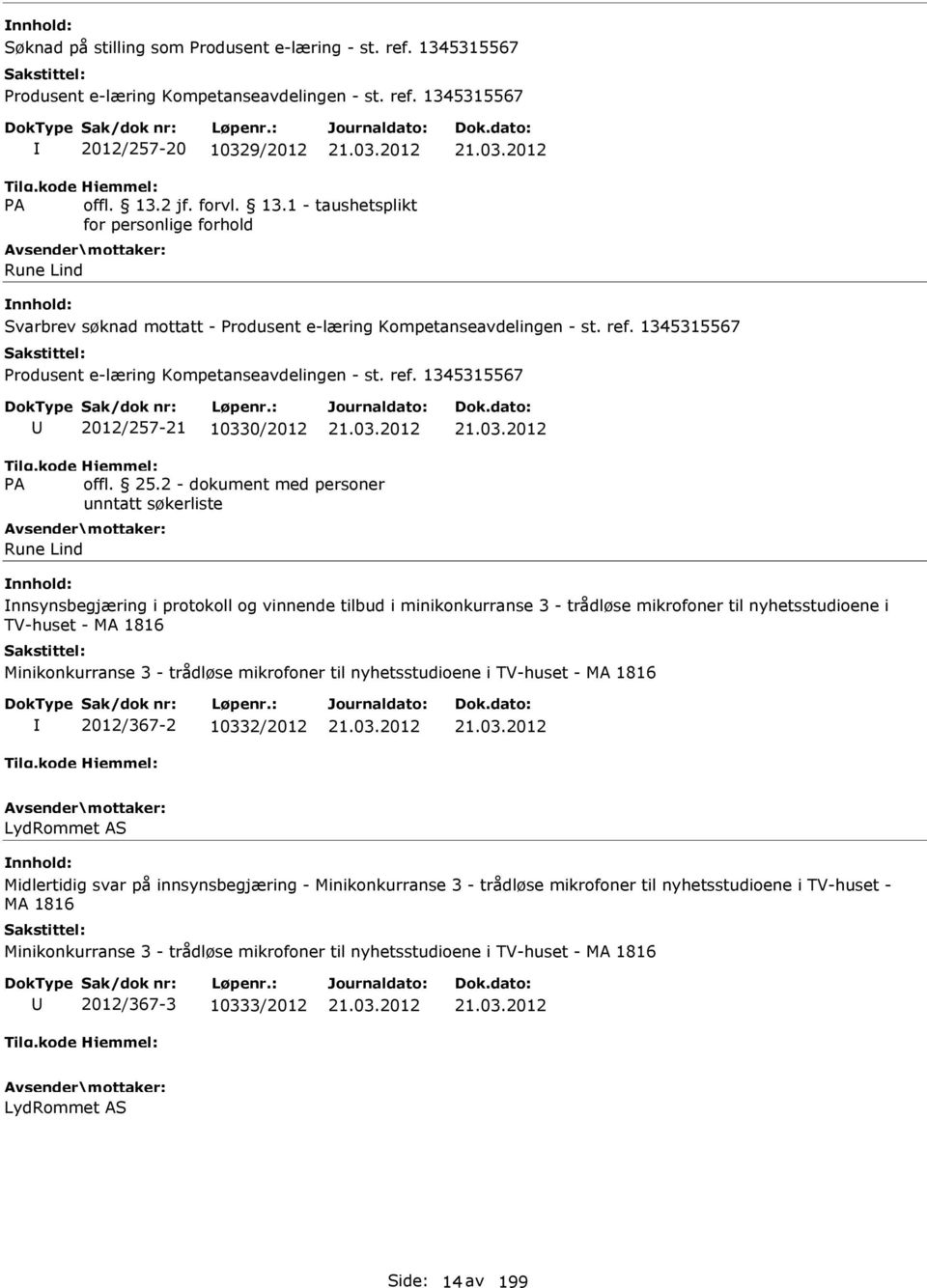 1345315567 2012/257-21 10330/2012 Rune Lind nnsynsbegjæring i protokoll og vinnende tilbud i minikonkurranse 3 - trådløse mikrofoner til nyhetsstudioene i TV-huset - MA 1816 Minikonkurranse 3 -