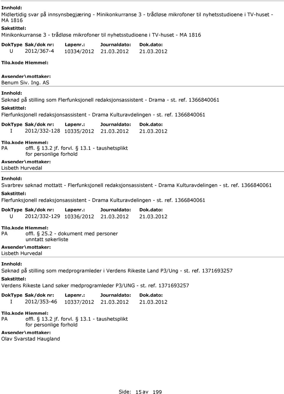 1366840061 2012/332-128 10335/2012 Lisbeth Hurvedal Svarbrev søknad mottatt - 2012/332-129 10336/2012 Lisbeth Hurvedal Søknad på stilling som medprogramleder i