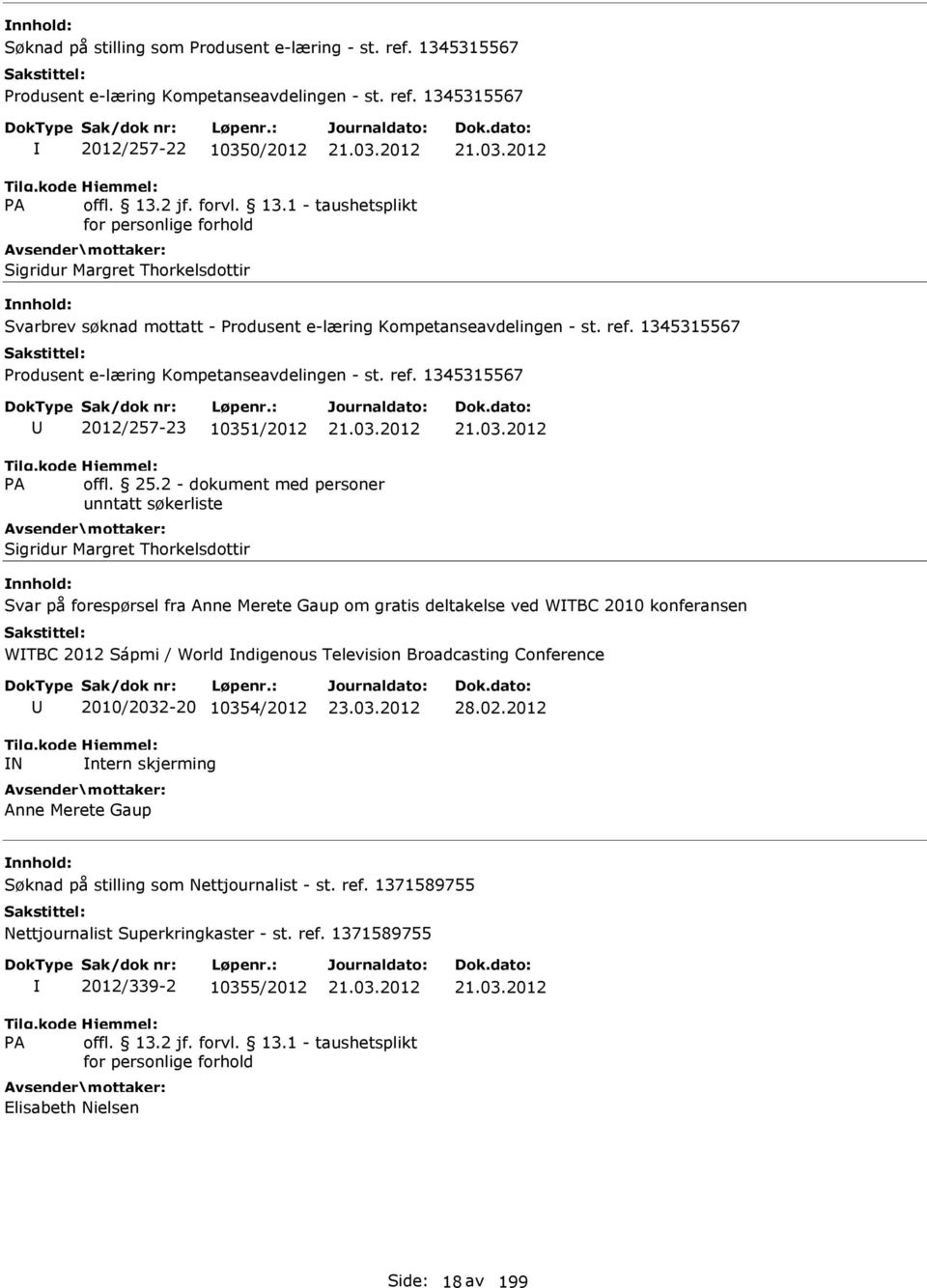 1345315567 2012/257-23 10351/2012 Sigridur Margret Thorkelsdottir Svar på forespørsel fra Anne Merete Gaup om gratis deltakelse ved WTBC 2010 konferansen WTBC 2012 Sápmi / World ndigenous Television