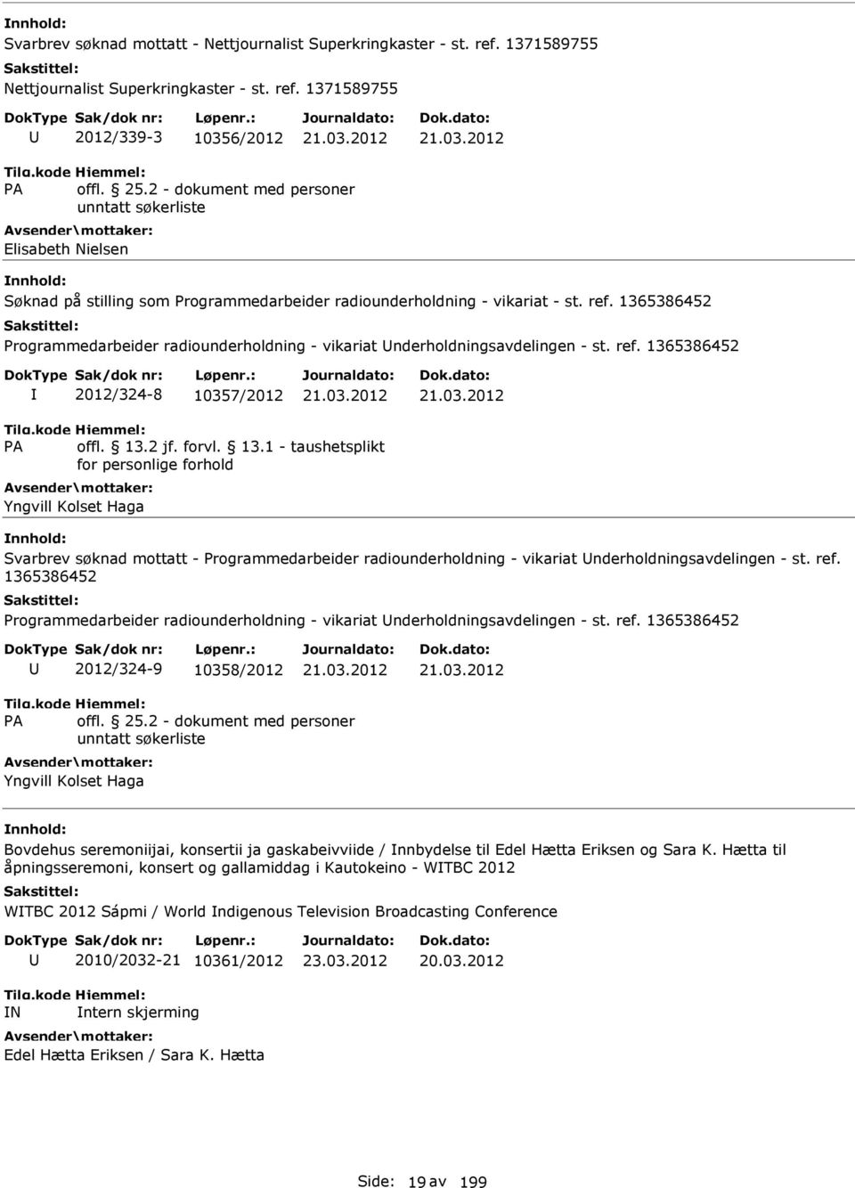 1365386452 2012/324-8 10357/2012 Yngvill Kolset Haga Svarbrev søknad mottatt - Programmedarbeider radiounderholdning - vikariat nderholdningsavdelingen - st.