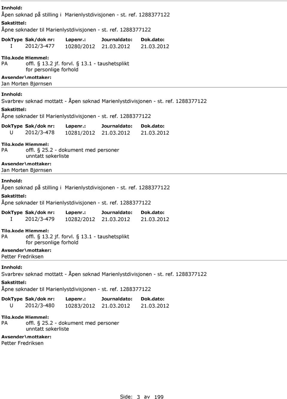 ref. 1288377122 Åpne søknader til Marienlystdivisjonen - st. ref. 1288377122 2012/3-480 10283/2012 Petter Fredriksen Side: 3 av 199