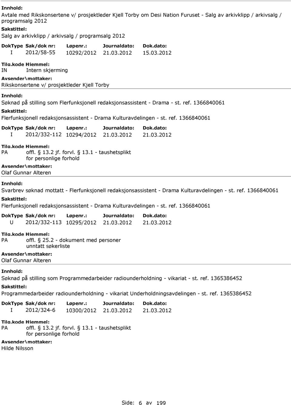 1366840061 2012/332-112 10294/2012 Olaf Gunnar Alteren Svarbrev søknad mottatt - 2012/332-113 10295/2012 Olaf Gunnar Alteren Søknad på stilling som Programmedarbeider