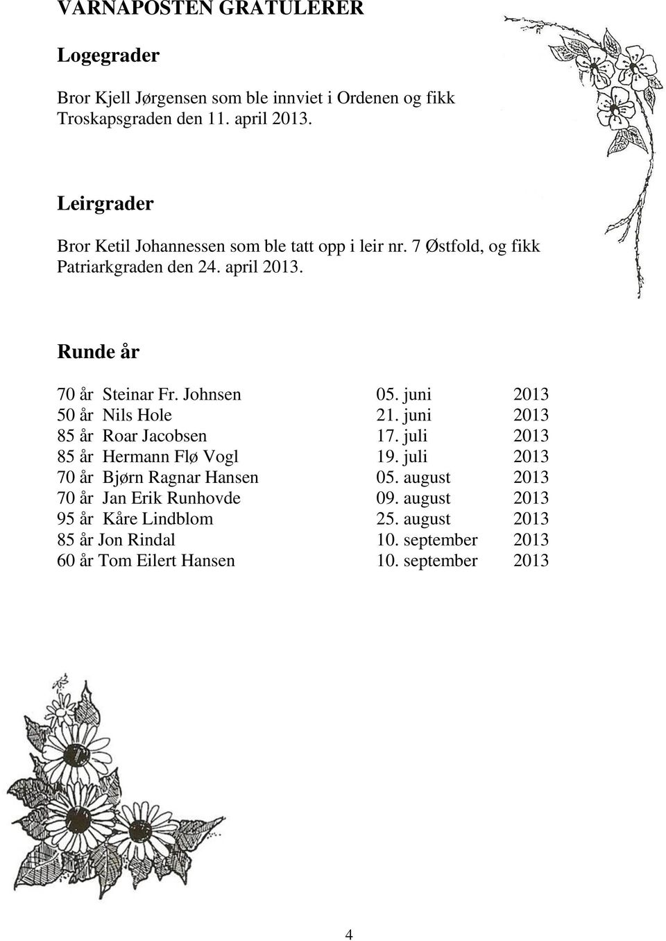 Johnsen 05. juni 2013 50 år Nils Hole 21. juni 2013 85 år Roar Jacobsen 17. juli 2013 85 år Hermann Flø Vogl 19.