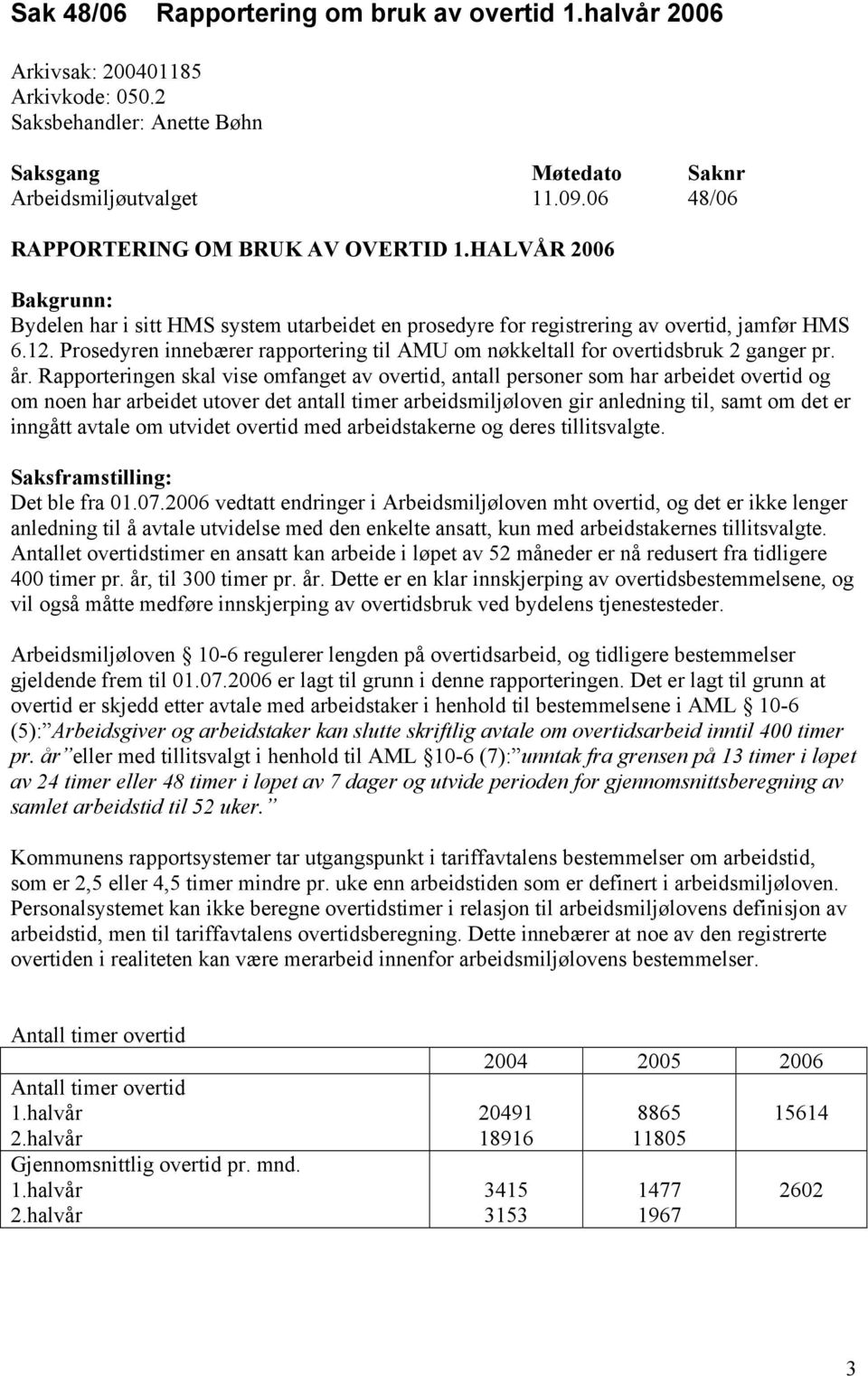 Prosedyren innebærer rapportering til AMU om nøkkeltall for overtidsbruk 2 ganger pr. år.