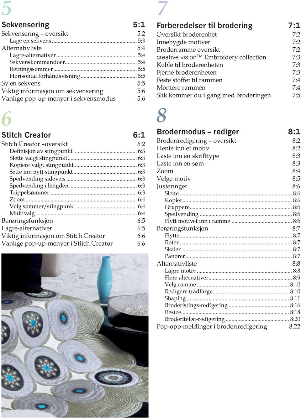 .. 6:3 Slette valgt stingpunkt... 6:3 Kopiere valgt stingpunkt... 6:3 Sette inn nytt stingpunkt... 6:3 Speilvending sideveis... 6:3 Speilvending i lengden... 6:3 Trippelsømmer... 6:3 Zoom.