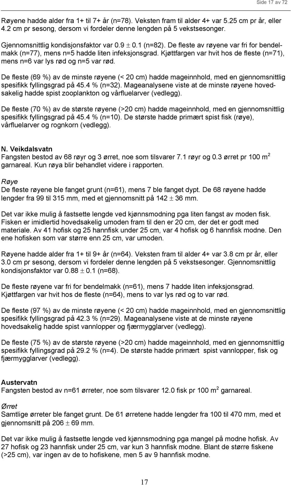 Kjøttfargen var hvit hos de fleste (n=71), mens n=6 var lys rød og n=5 var rød. De fleste (69 %) av de minste røyene (< 2 cm) hadde mageinnhold, med en gjennomsnittlig spesifikk fyllingsgrad på 45.