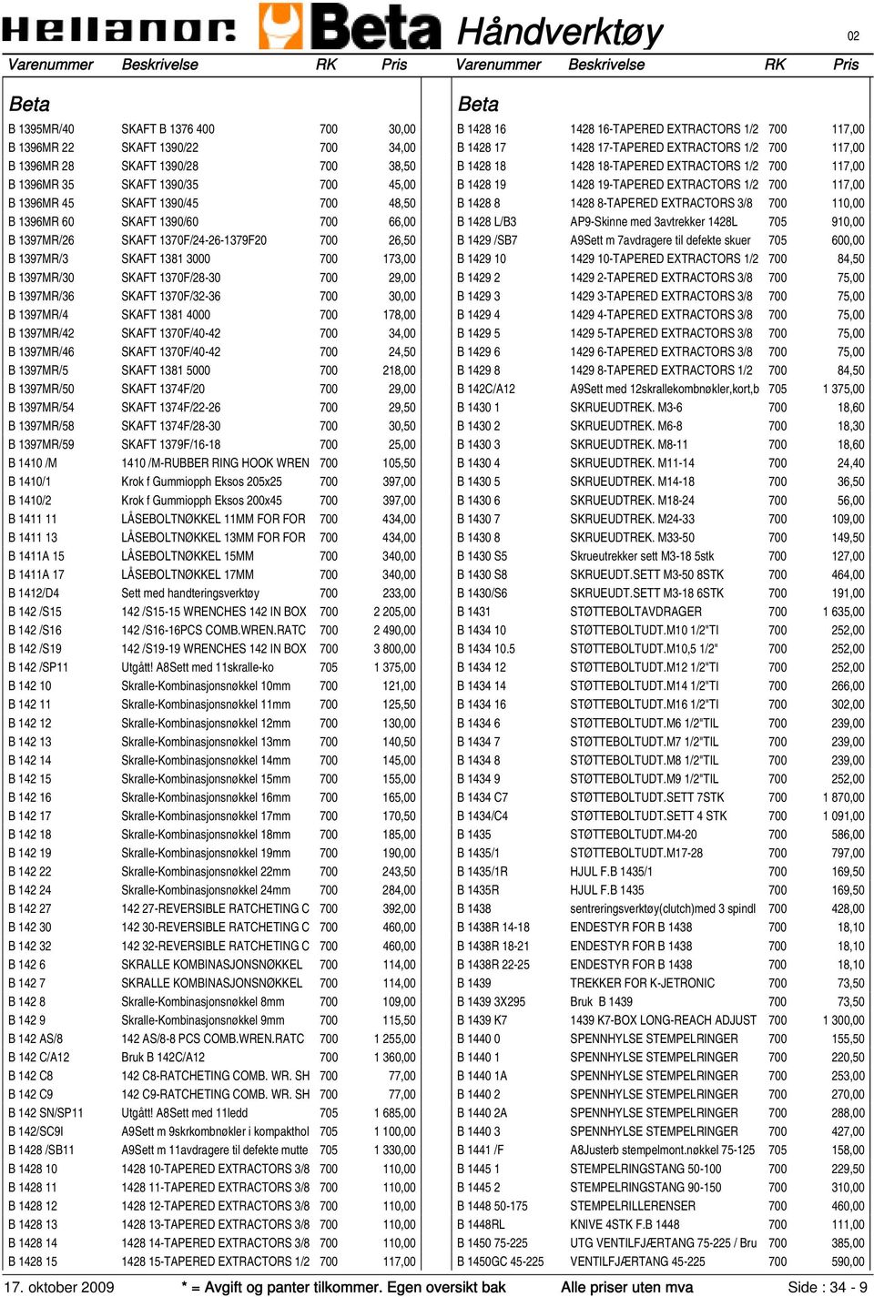 1397MR/4 SKAFT 1381 4000 700 178,00 B 1397MR/42 SKAFT 1370F/40-42 700 34,00 B 1397MR/46 SKAFT 1370F/40-42 700 24,50 B 1397MR/5 SKAFT 1381 5000 700 218,00 B 1397MR/50 SKAFT 1374F/20 700 29,00 B