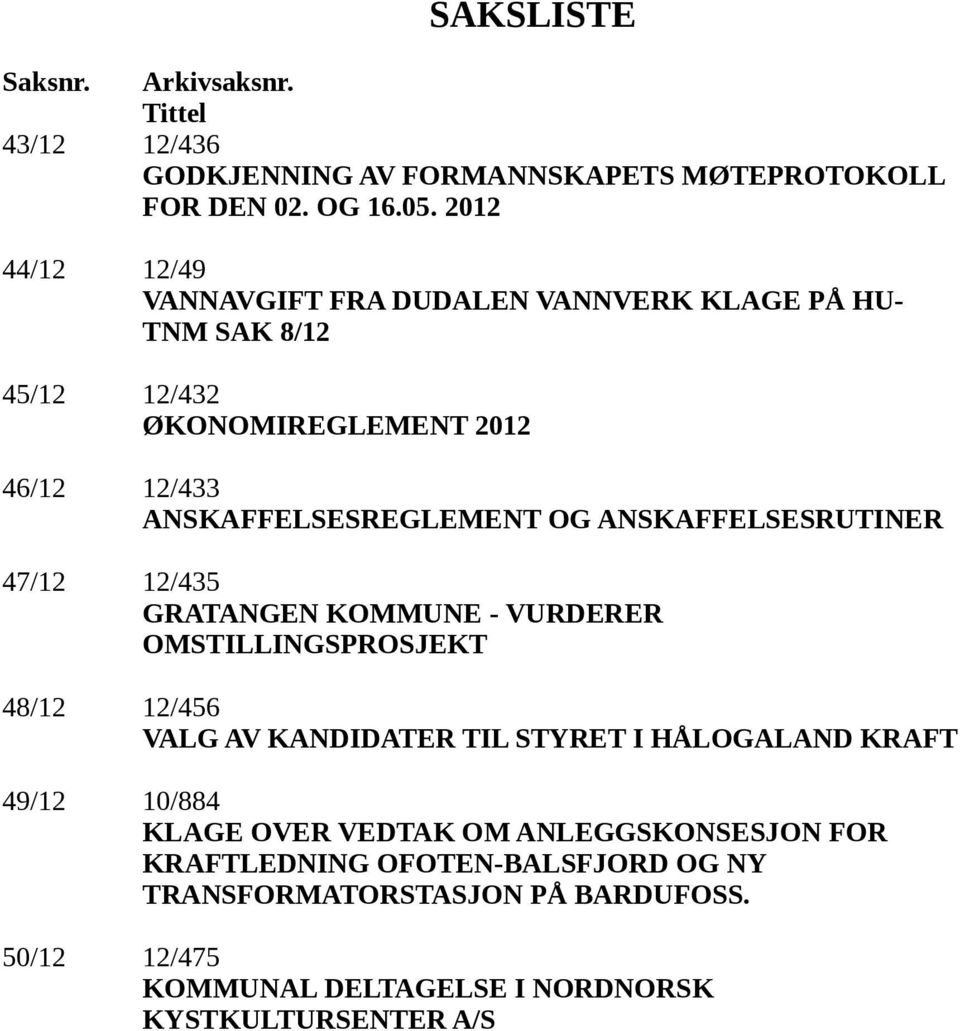 ANSKAFFELSESRUTINER 47/12 12/435 GRATANGEN KOMMUNE - VURDERER OMSTILLINGSPROSJEKT 48/12 12/456 VALG AV KANDIDATER TIL STYRET I HÅLOGALAND KRAFT 49/12