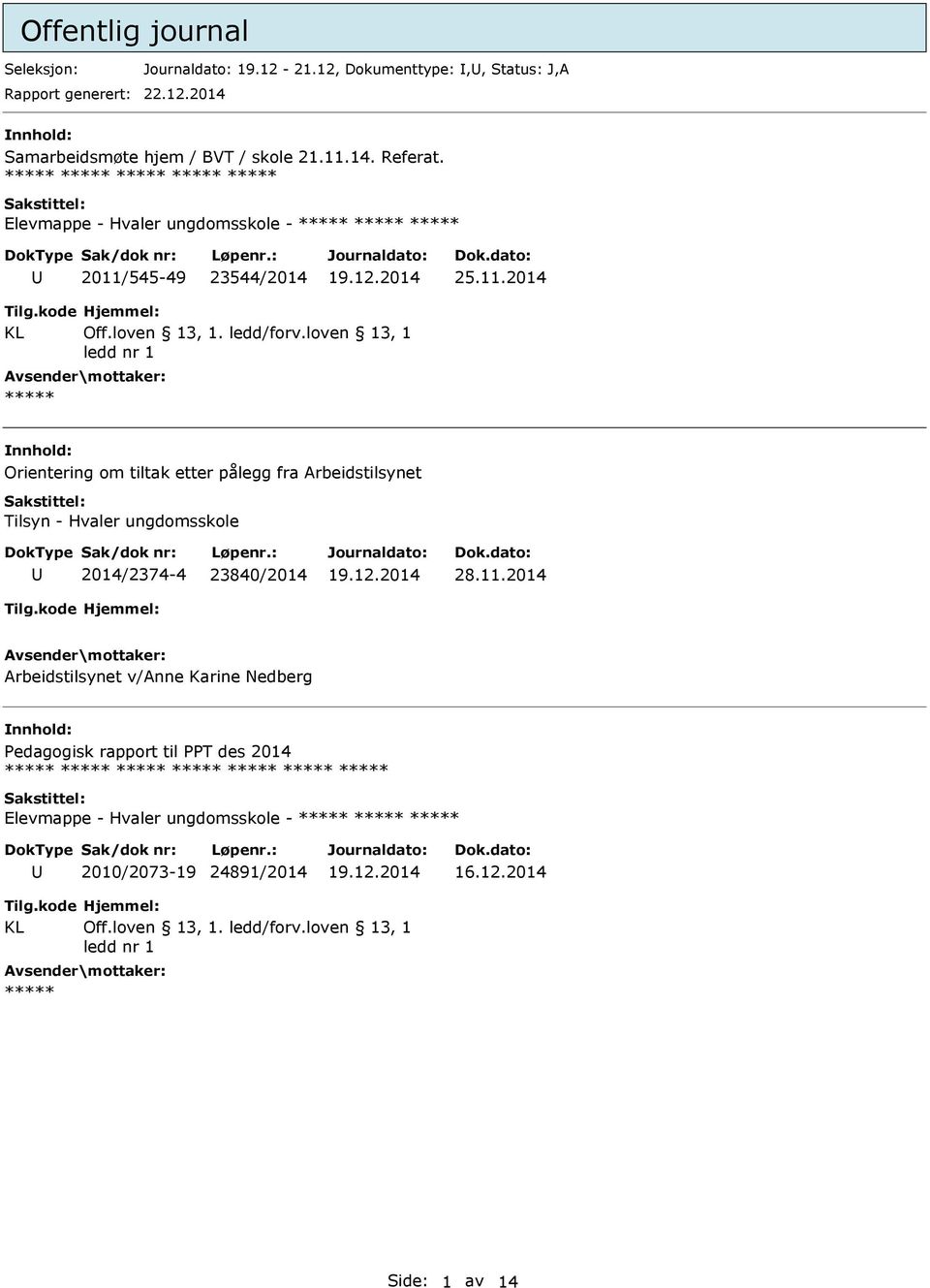 loven 13, 1 ledd nr 1 ***** Orientering om tiltak etter pålegg fra Arbeidstilsynet Tilsyn - Hvaler ungdomsskole 2014/2374-4 23840/2014 28.11.