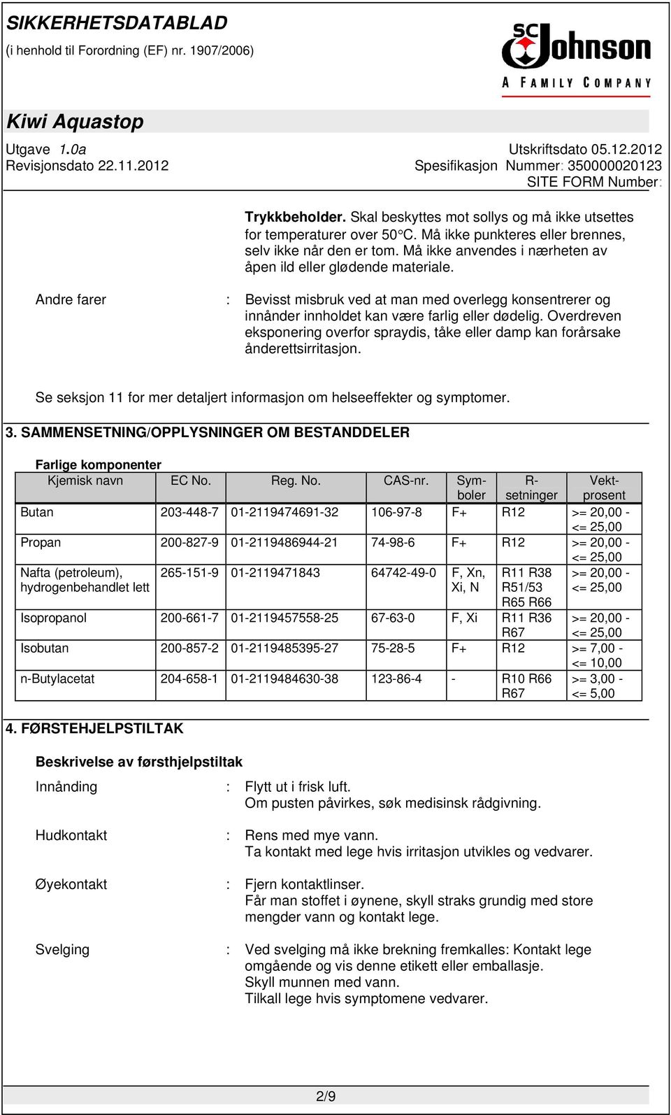 Overdreven eksponering overfor spraydis, tåke eller damp kan forårsake ånderettsirritasjon. Se seksjon 11 for mer detaljert informasjon om helseeffekter og symptomer. 3.