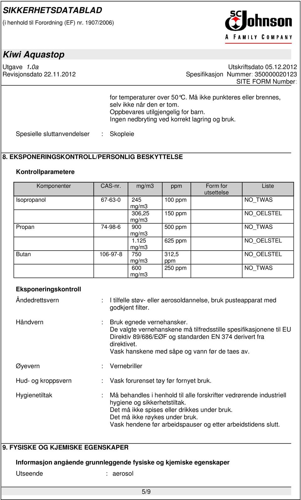 ppm Form for Liste utsettelse Isopropanol 67-63-0 245 100 ppm NO_TWAS 306,25 150 ppm NO_OELSTEL Propan 74-98-6 900 500 ppm NO_TWAS 1.