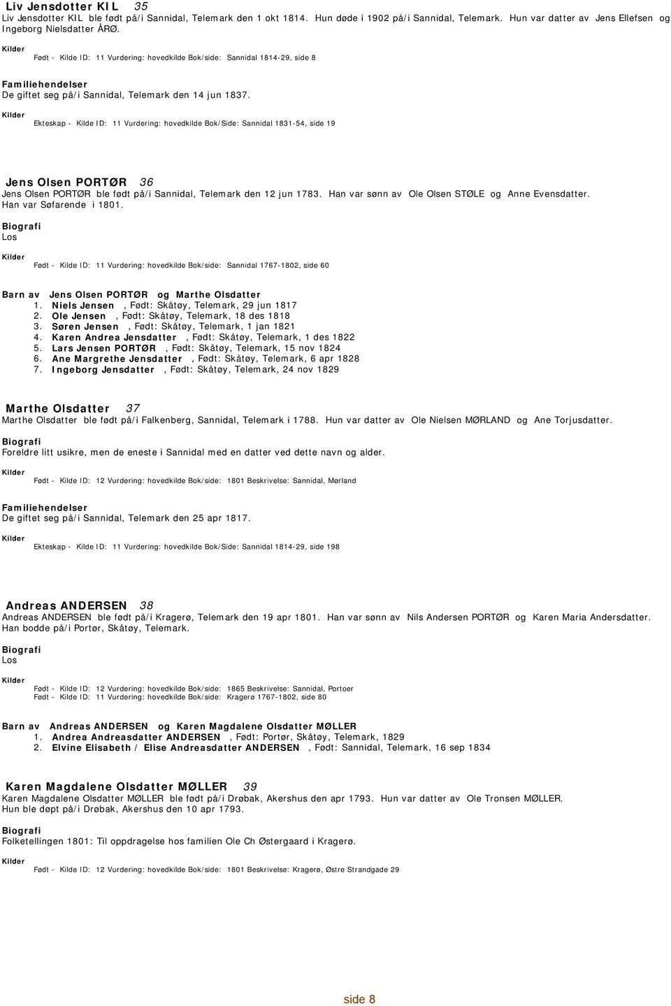 Ekteskap - 11 Vurdering: hovedkilde Bok/Side: Sannidal 1831-54, side 19 Jens Olsen PORTØR 36 Jens Olsen PORTØR ble født på/i Sannidal, Telemark den 12 jun 1783.