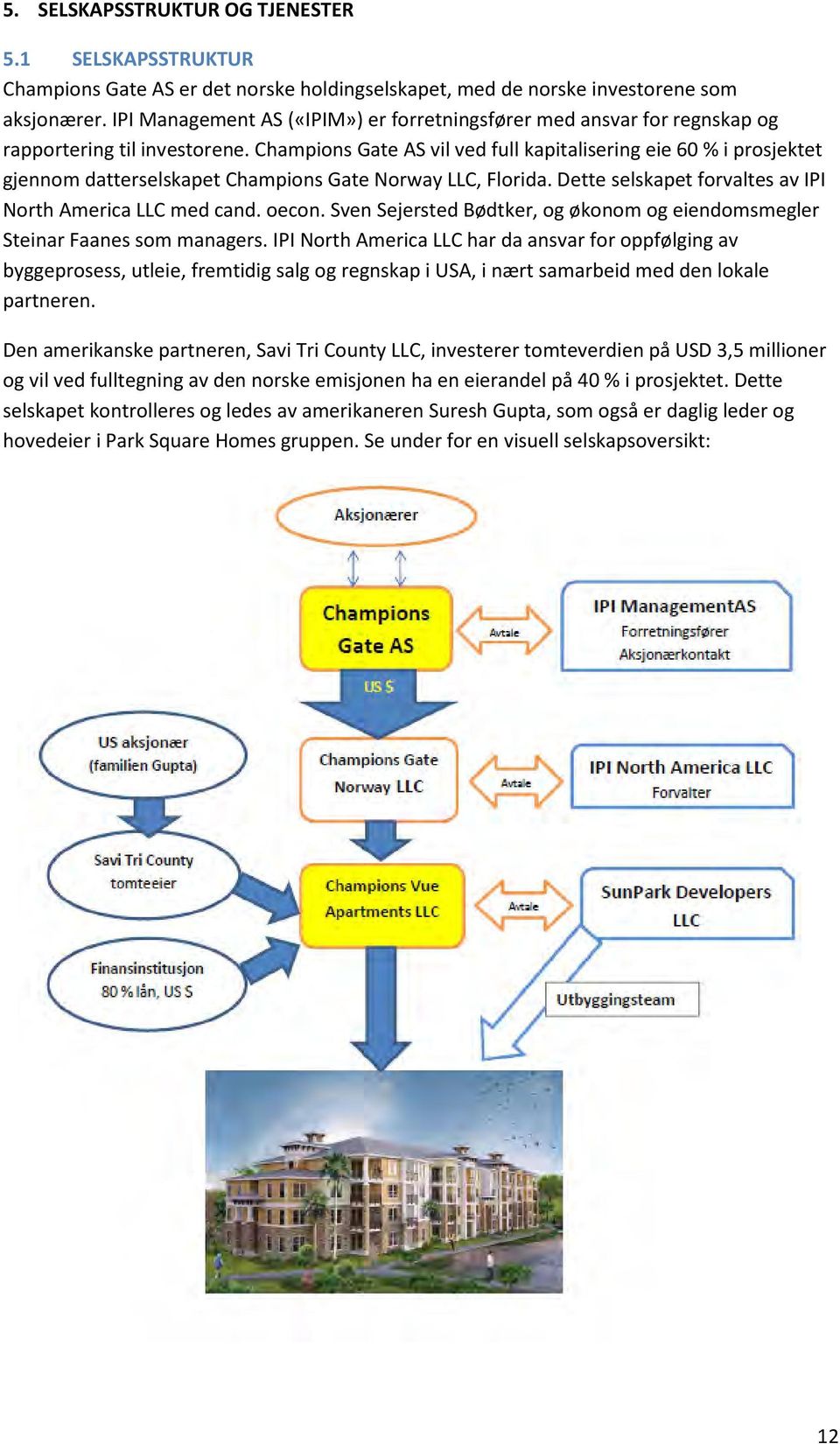 Champions Gate AS vil ved full kapitalisering eie 60 % i prosjektet gjennom datterselskapet Champions Gate Norway LLC, Florida. Dette selskapet forvaltes av IPI North America LLC med cand. oecon.