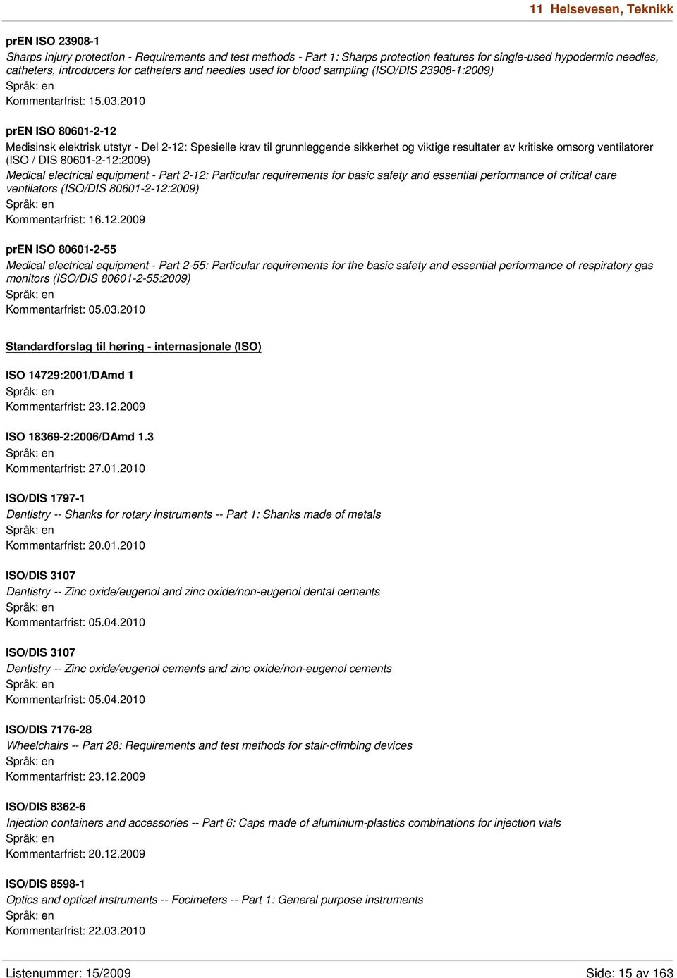 2010 pren ISO 80601-2-12 Medisinsk elektrisk utstyr - Del 2-12: Spesielle krav til grunnleggende sikkerhet og viktige resultater av kritiske omsorg ventilatorer (ISO / DIS 80601-2-12:2009) Medical