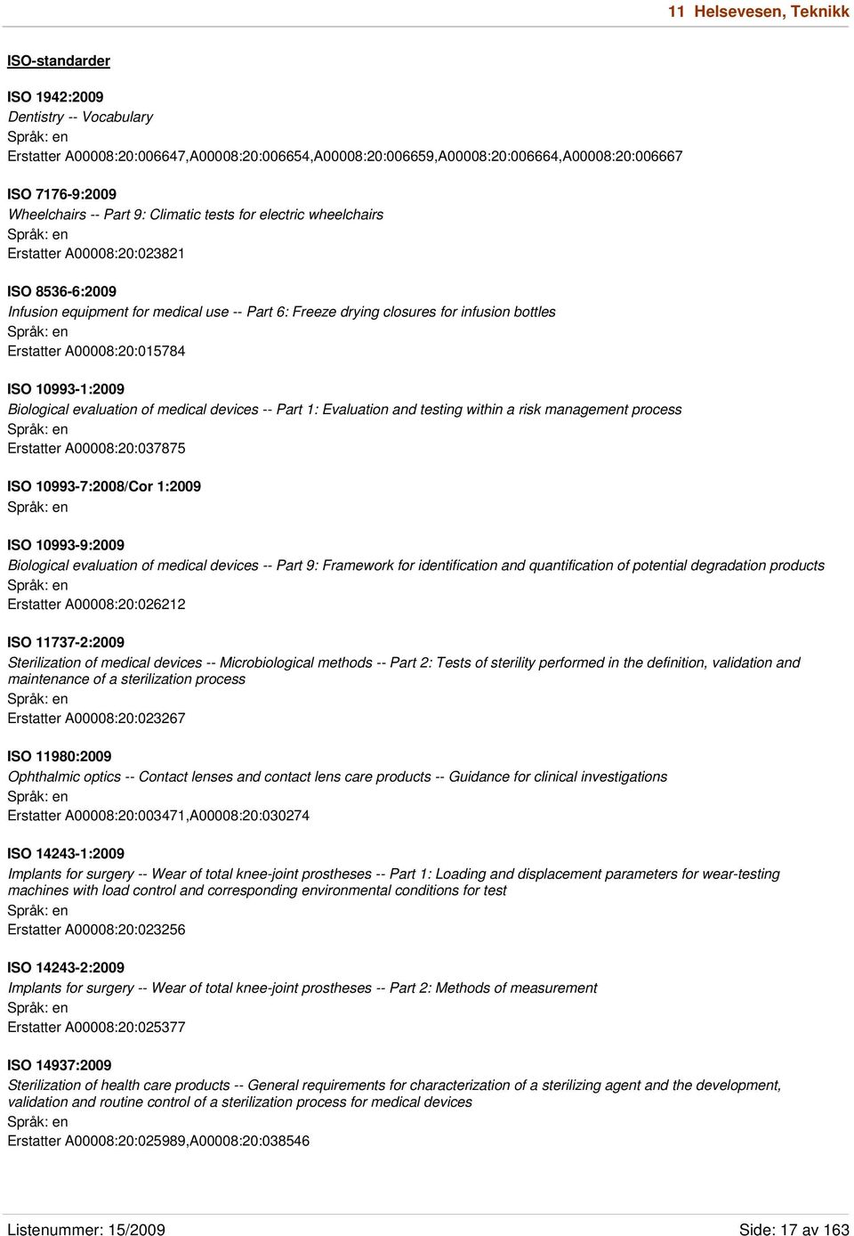 A00008:20:015784 ISO 10993-1:2009 Biological evaluation of medical devices -- Part 1: Evaluation and testing within a risk management process Erstatter A00008:20:037875 ISO 10993-7:2008/Cor 1:2009