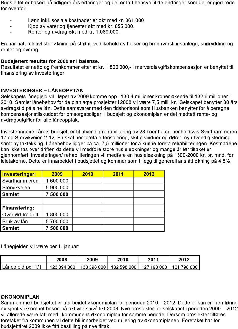 ert resultat for 2009 er i balanse. Resultatet er netto og fremkommer etter at kr. 1 800 000,- i merverdiavgiftskompensasjon er benyttet til finansiering av investeringer.