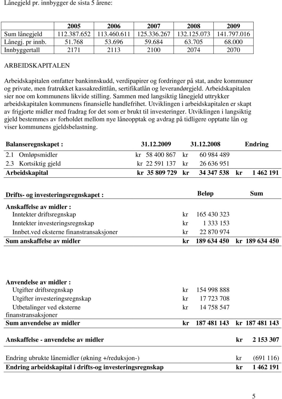 sertifikatlån og leverandørgjeld. Arbeidskapitalen sier noe om kommunens likvide stilling. Sammen med langsiktig lånegjeld uttrykker arbeidskapitalen kommunens finansielle handlefrihet.