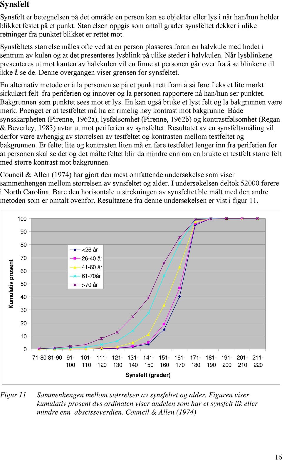 Synsfeltets størrelse måles ofte ved at en person plasseres foran en halvkule med hodet i sentrum av kulen og at det presenteres lysblink på ulike steder i halvkulen.