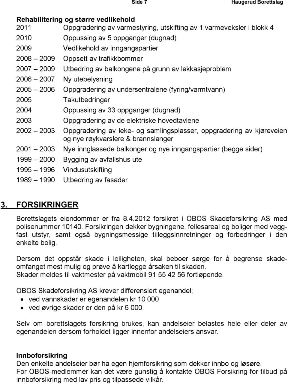 2004 Oppussing av 33 oppganger (dugnad) 2003 Oppgradering av de elektriske hovedtavlene 2002 2003 Oppgradering av leke- og samlingsplasser, oppgradering av kjøreveien og nye røykvarslere &