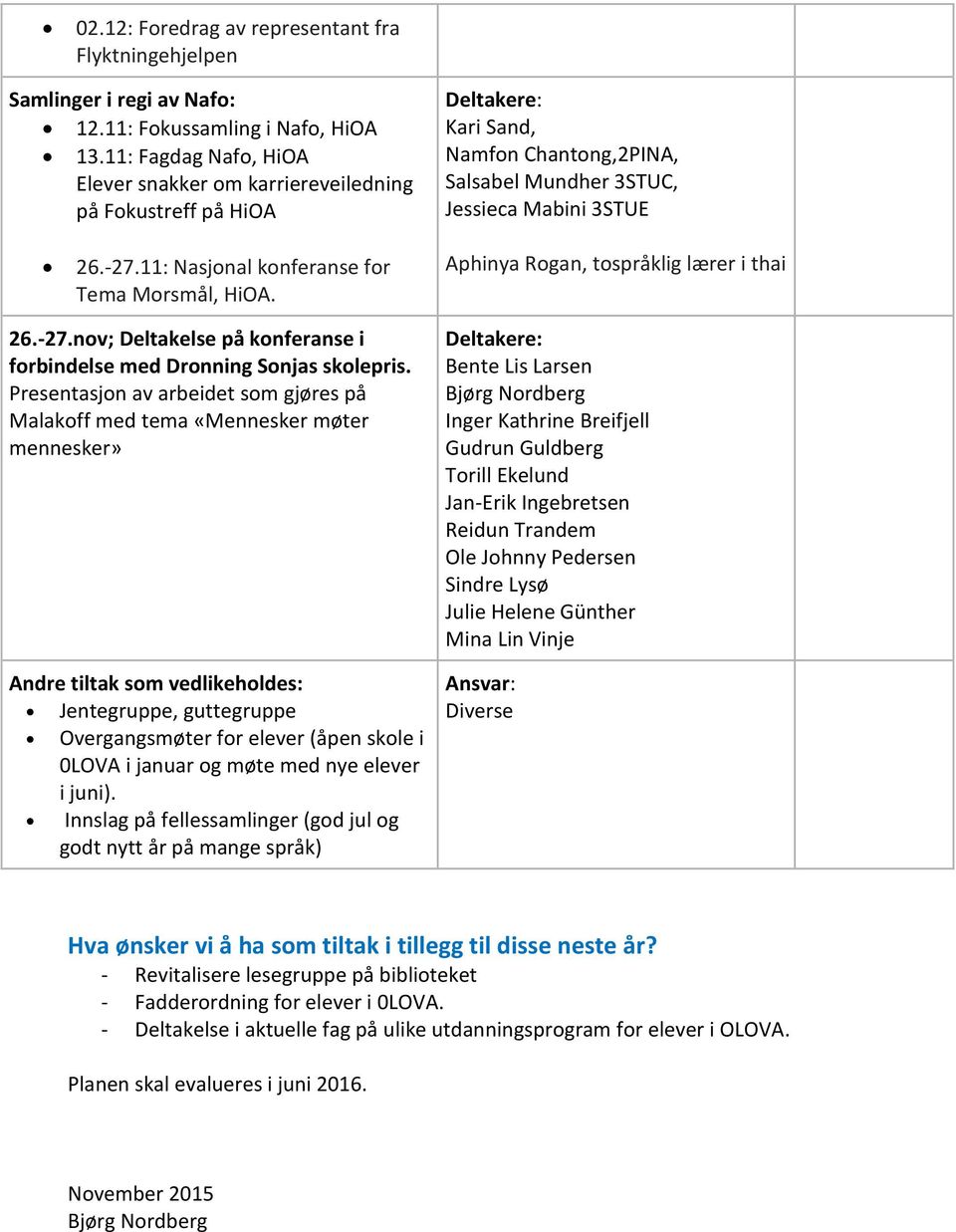 11: Nasjonal konferanse for Tema Morsmål, HiOA. Aphinya Rogan, tospråklig lærer i thai 26.-27.nov; Deltakelse på konferanse i forbindelse med Dronning Sonjas skolepris.