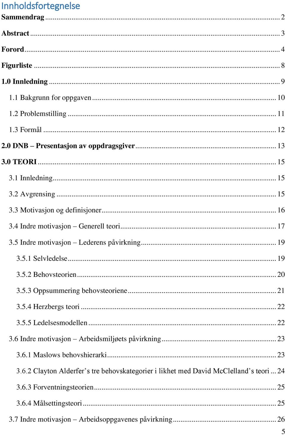 5 Indre motivasjon Lederens påvirkning... 19 3.5.1 Selvledelse... 19 3.5.2 Behovsteorien... 20 3.5.3 Oppsummering behovsteoriene... 21 3.5.4 Herzbergs teori... 22 3.