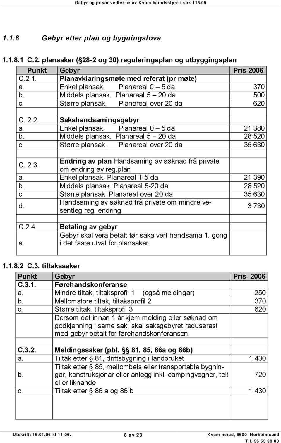 Planareal 5 20 da 28 520 c. Større plansak. Planareal over 20 da 35 630 C. 2.3. Endring av plan Handsaming av søknad frå private om endring av reg.plan Enkel plansak.