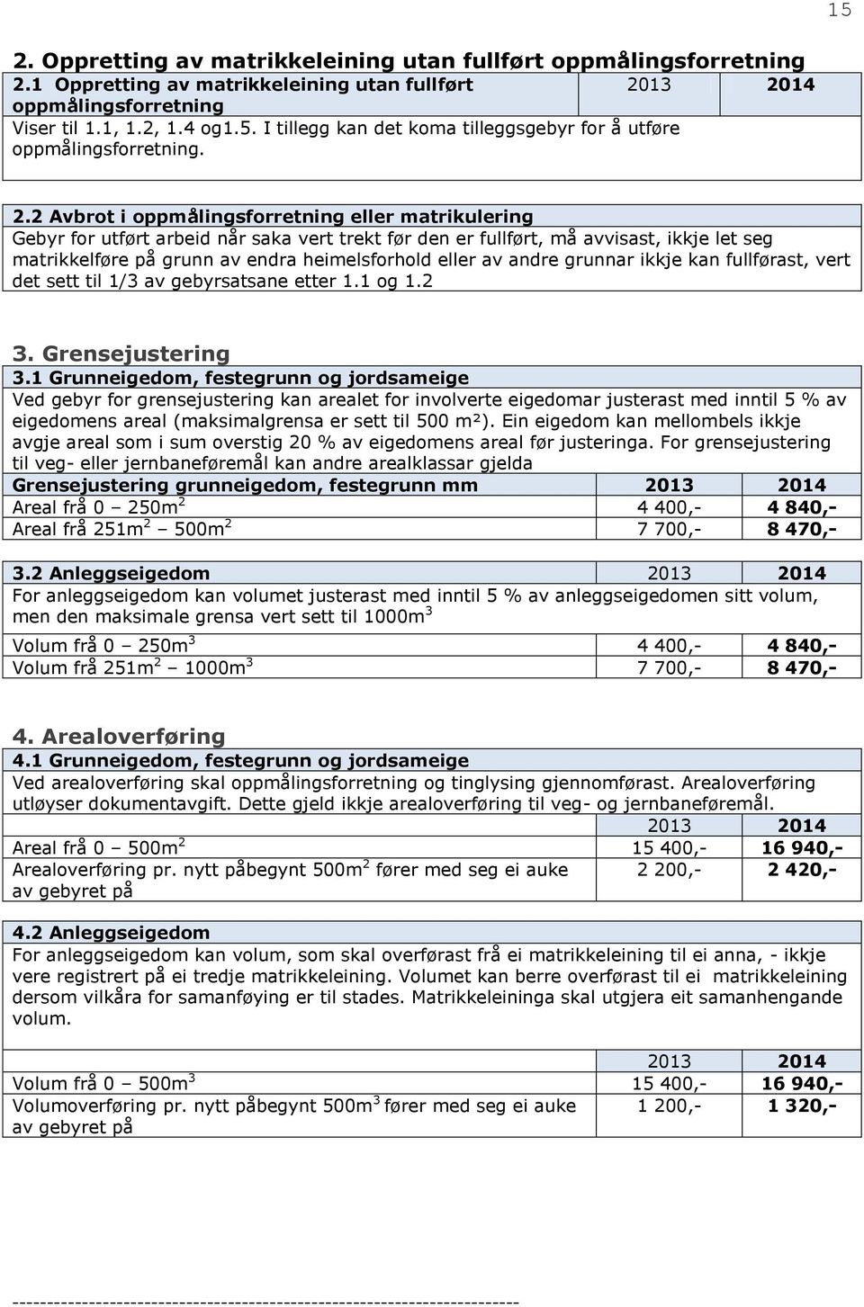 av andre grunnar ikkje kan fullførast, vert det sett til 1/3 av gebyrsatsane etter 1.1 og 1.2 3. Grensejustering 3.