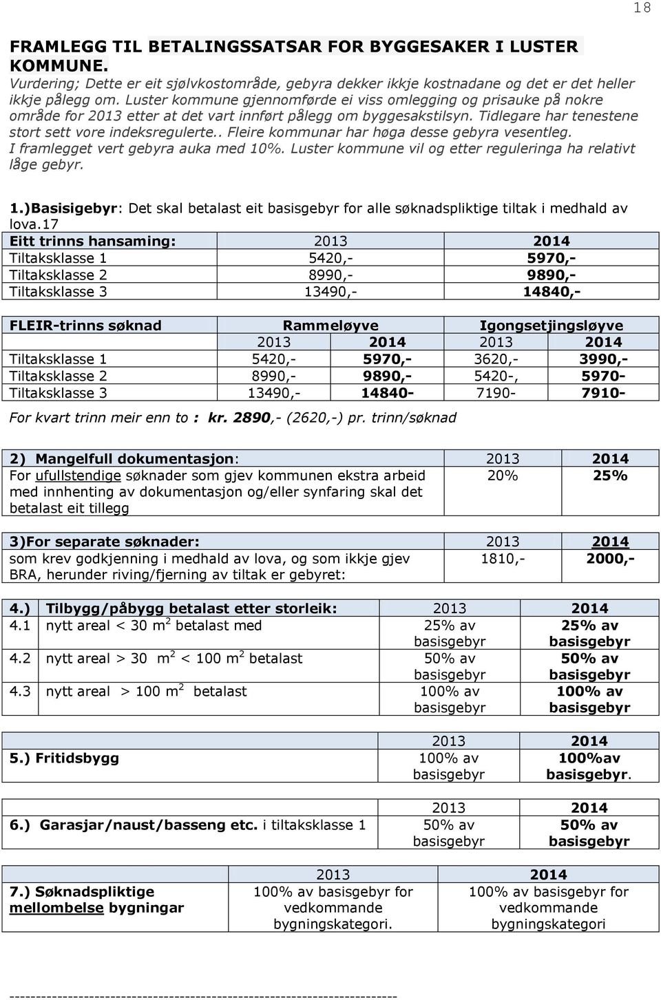 . Fleire kommunar har høga desse gebyra vesentleg. I framlegget vert gebyra auka med 10%. Luster kommune vil og etter reguleringa ha relativt låge gebyr. 18 1.