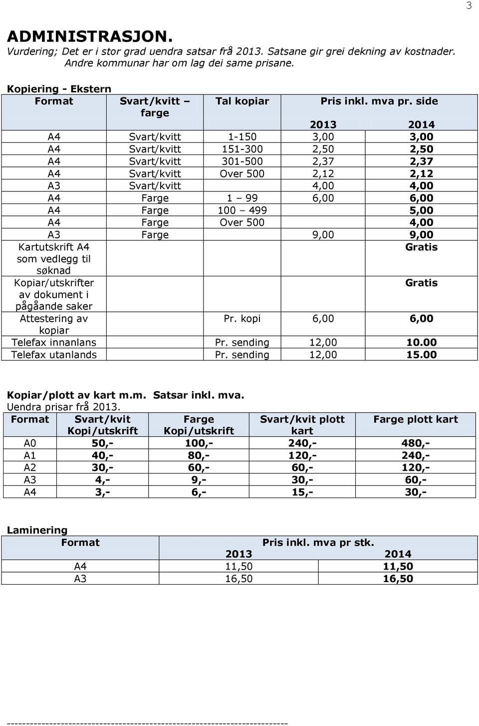 side A4 Svart/kvitt 1-150 3,00 3,00 A4 Svart/kvitt 151-300 2,50 2,50 A4 Svart/kvitt 301-500 2,37 2,37 A4 Svart/kvitt Over 500 2,12 2,12 A3 Svart/kvitt 4,00 4,00 A4 Farge 1 99 6,00 6,00 A4 Farge 100