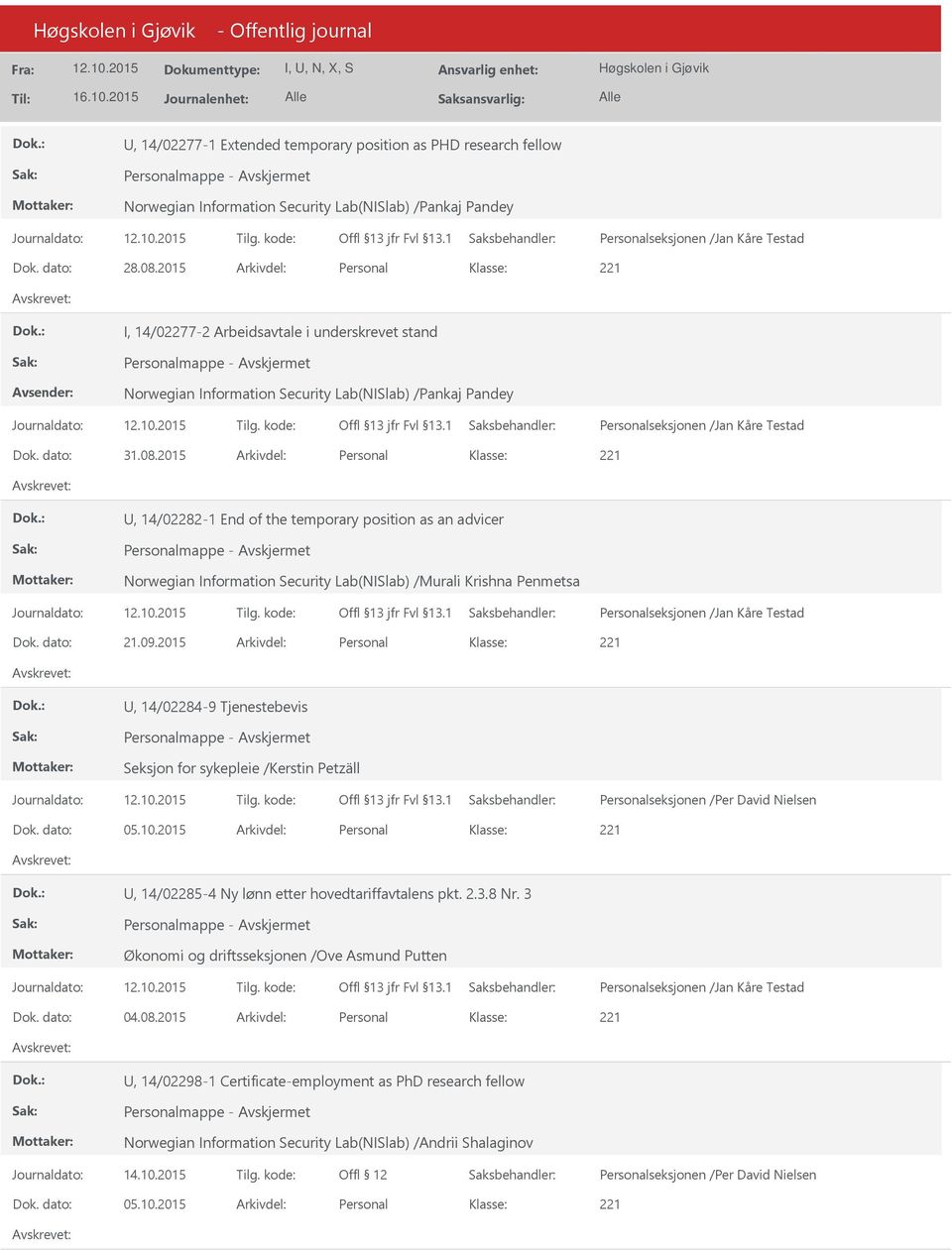 2015 Arkivdel: Personal, 14/02282-1 End of the temporary position as an advicer Norwegian Information Security Lab(NISlab) /Murali Krishna Penmetsa Dok. dato: 21.09.