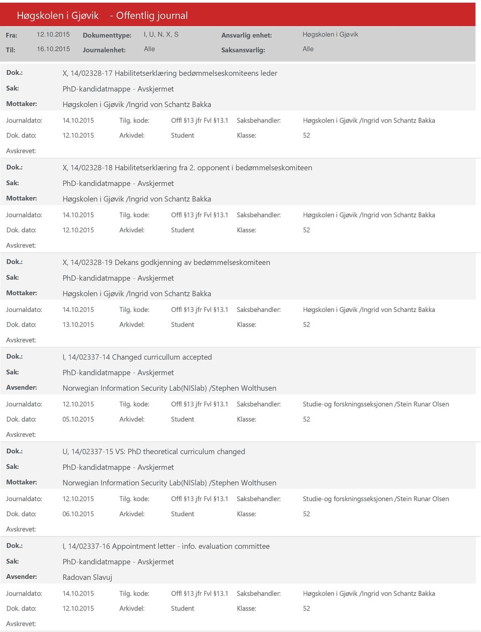 dato: Arkivdel: Student X, 14/02328-19 Dekans godkjenning av bedømmelseskomiteen PhD-kandidatmappe - /Ingrid von Schantz Bakka /Ingrid von Schantz Bakka Dok. dato: 13.10.