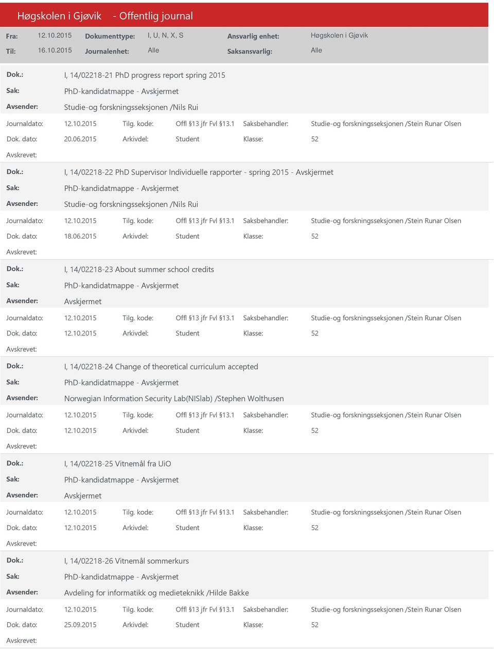 Dok. dato: 18.06.2015 Arkivdel: Student I, 14/08-23 About summer school credits PhD-kandidatmappe - Studie-og forskningsseksjonen /Stein Runar Olsen Dok.