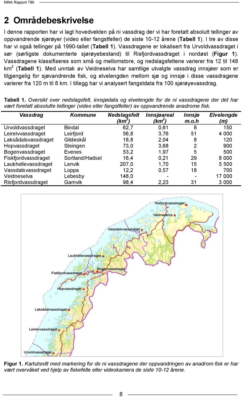 Vassdragene er lokalisert fra Urvoldvassdraget i sør (sørligste dokumenterte sjørøyebestand) til Risfjordvassdraget i nordøst (Figur 1).