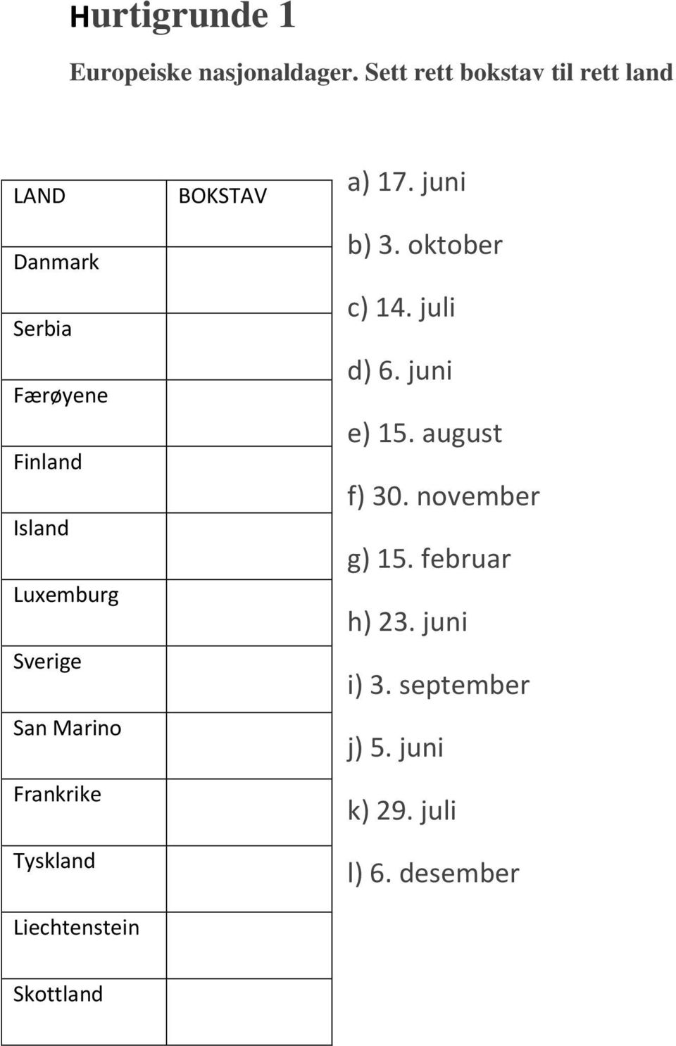 Sverige San Marino Frankrike Tyskland Liechtenstein BOKSTAV a) 17. juni b) 3.