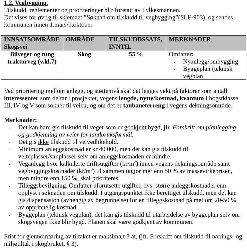 7) OMRÅDE TILSKUDDSSATS, INNTIL MERKNADER Skog 55 % Omfatter: - Nyanlegg/ombygging - Byggeplan (teknisk vegplan Ved prioritering mellom anlegg, og støttenivå skal det legges vekt på faktorer som