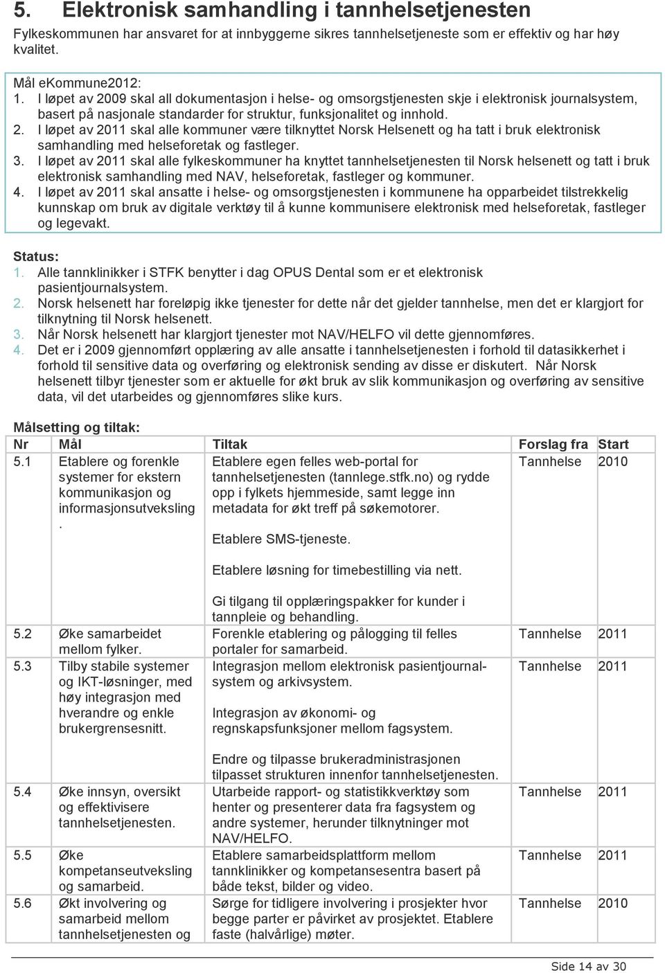 3. I løpet av 2011 skal alle fylkeskommuner ha knyttet tannhelsetjenesten til Norsk helsenett og tatt i bruk elektronisk samhandling med NAV, helseforetak, fastleger og kommuner. 4.