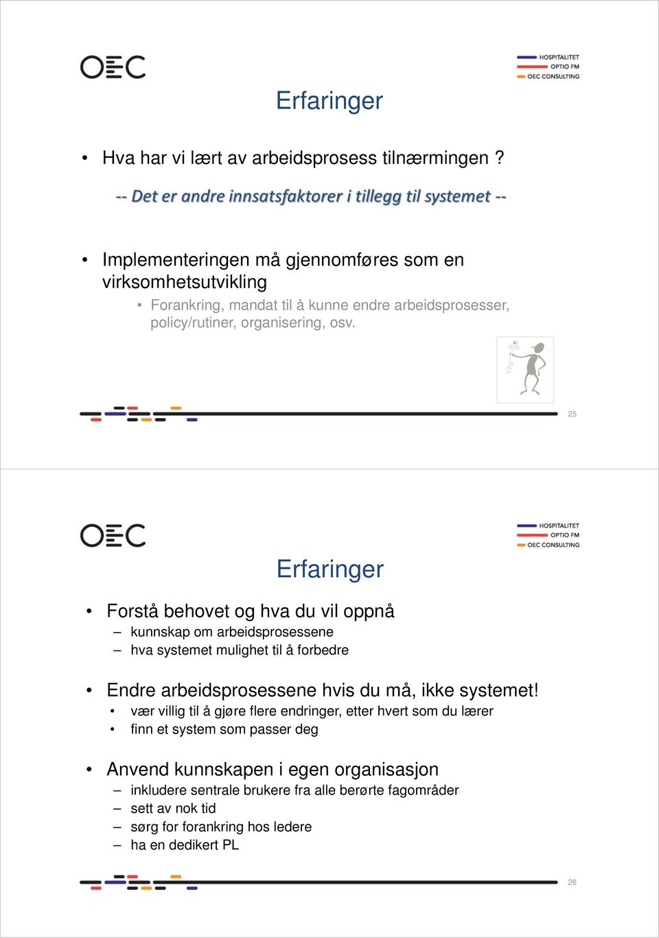 25 Erfaringer Forstå behovet og hva du vil oppnå kunnskap om arbeidsprosessene hva systemet mulighet til å forbedre Endre arbeidsprosessene hvis du må, ikke