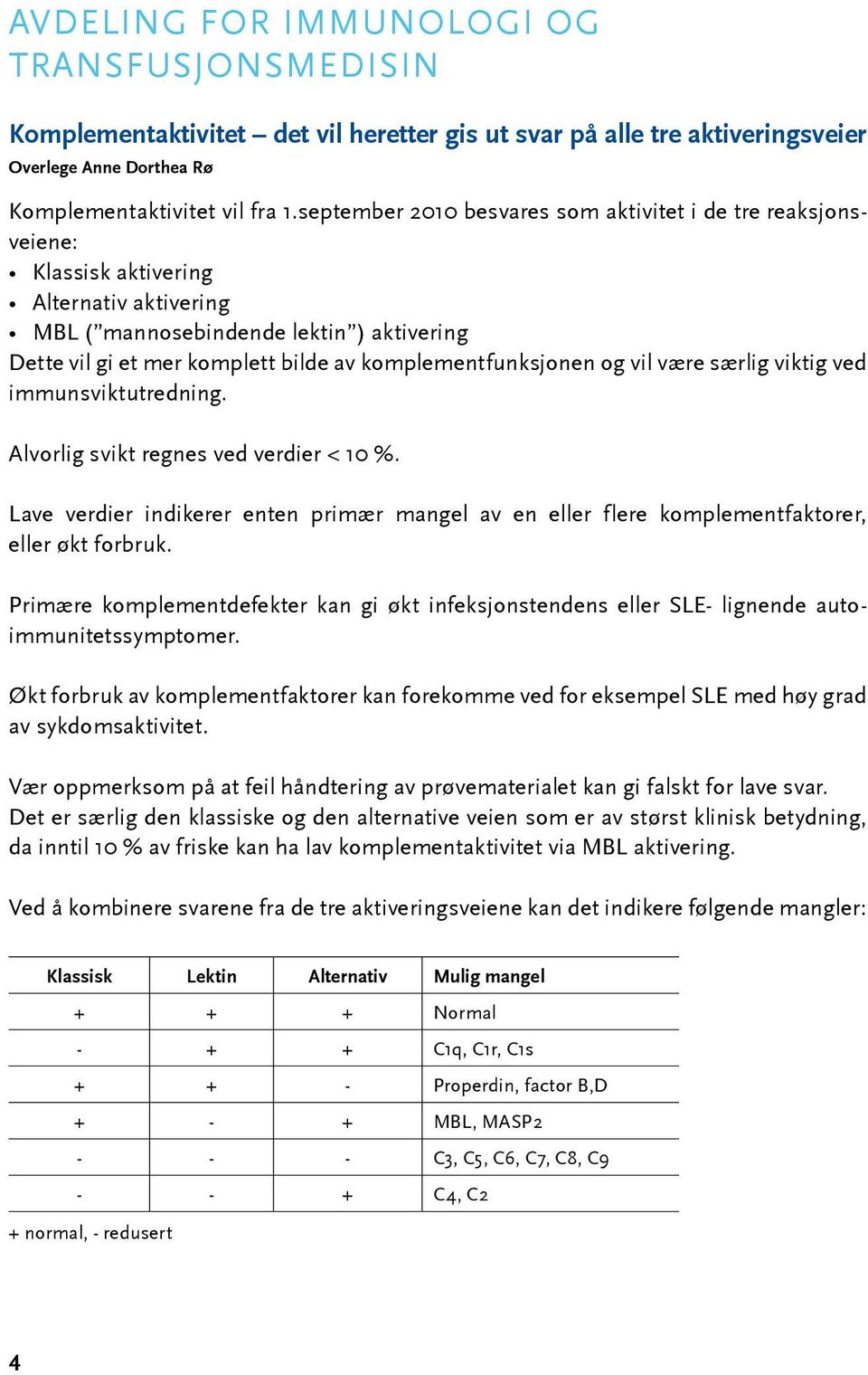 komplementfunksjonen og vil være særlig viktig ved immunsviktutredning. Alvorlig svikt regnes ved verdier < 10 %.