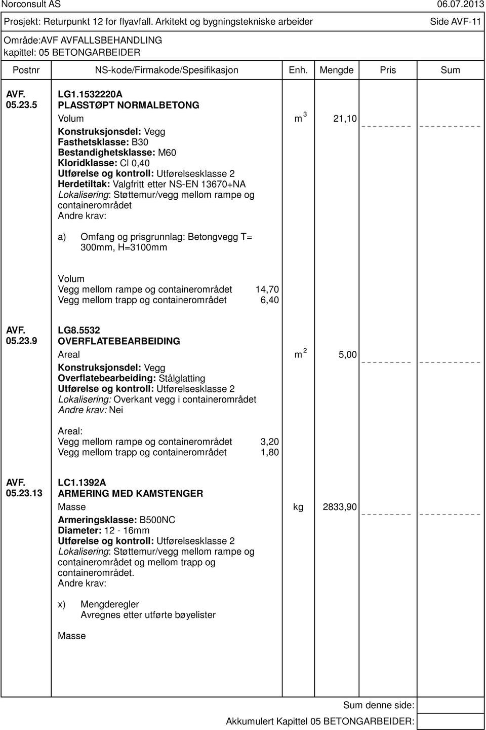 prisgrunnlag: Betongvegg T= 300mm, H=3100mm Volum Vegg mellom rampe og containerområdet Vegg mellom trapp og containerområdet 14,70 6,40 05.23.9 LG8.