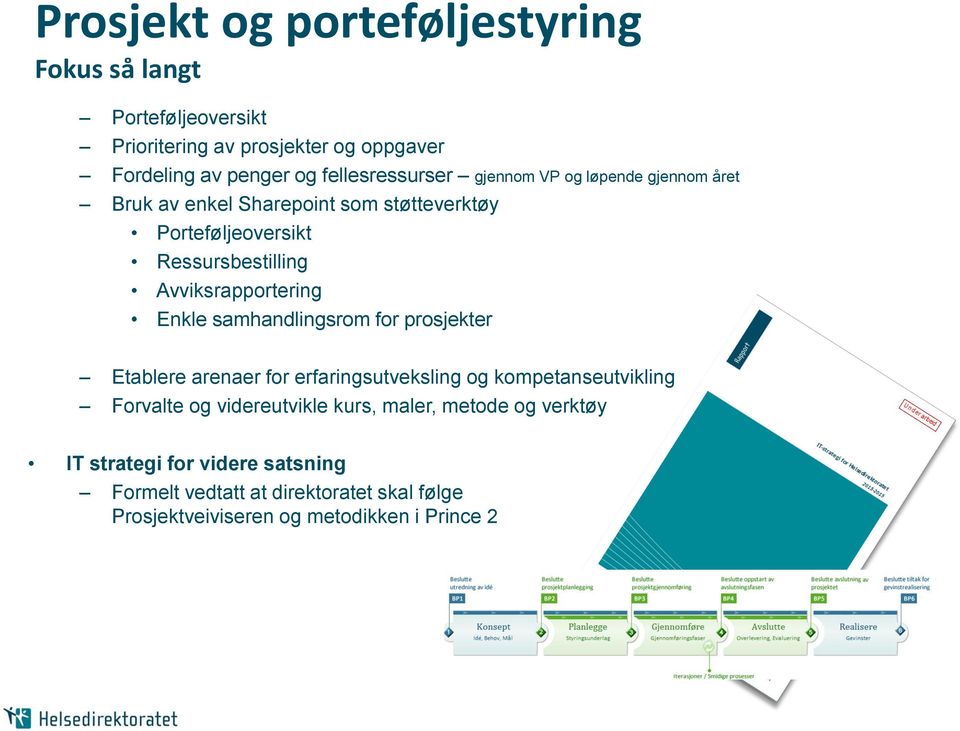 Avviksrapportering Enkle samhandlingsrom for prosjekter Etablere arenaer for erfaringsutveksling og kompetanseutvikling Forvalte og