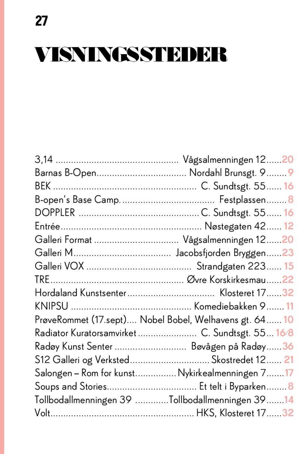 .. Klosteret 17...32 KNIPSU... Komediebakken 9... 11 PrøveRommet (17.sept)... Nobel Bobel, Welhavens gt. 64... 10 Radiator Kuratorsamvirket... C. Sundtsgt. 55... 16/ 8 Radøy Kunst Senter.