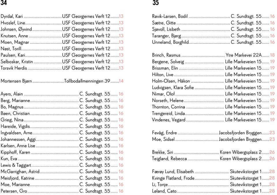 ..USF Georgernes Verft 12...13 Mortensen Bjørn...Tollbodallmenningen 39...14 Ayers, Alain... C. Sundtsgt. 55... 16 Berg, Marianne... C. Sundtsgt. 55... 16 Bo, Magnus... C. Sundtsgt. 55... 16 Bøen, Christian.