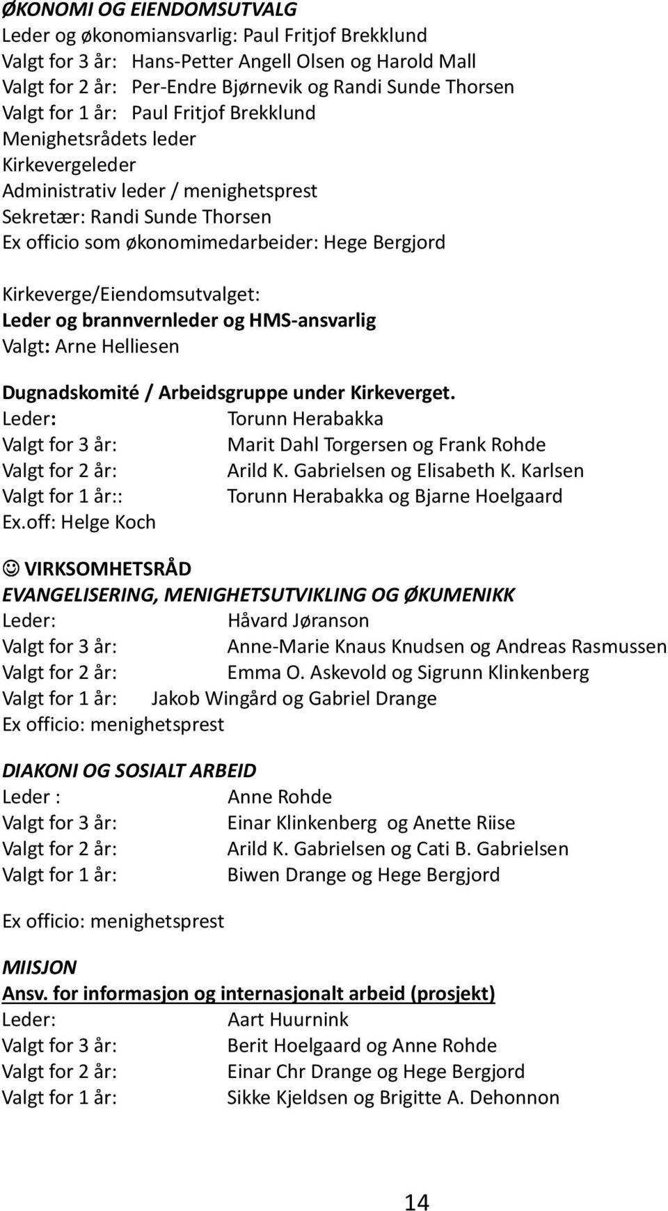 Kirkeverge/Eiendomsutvalget: Leder og brannvernleder og HMS-ansvarlig Valgt: Arne Helliesen Dugnadskomité / Arbeidsgruppe under Kirkeverget.