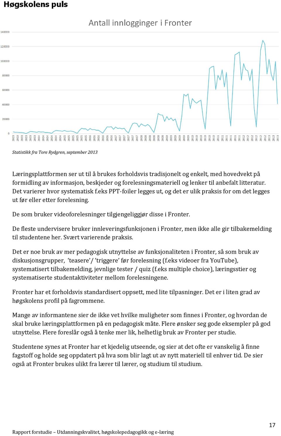 De som bruker videoforelesninger tilgjengeliggjør disse i Fronter. De fleste undervisere bruker innleveringsfunksjonen i Fronter, men ikke alle gir tilbakemelding til studentene her.