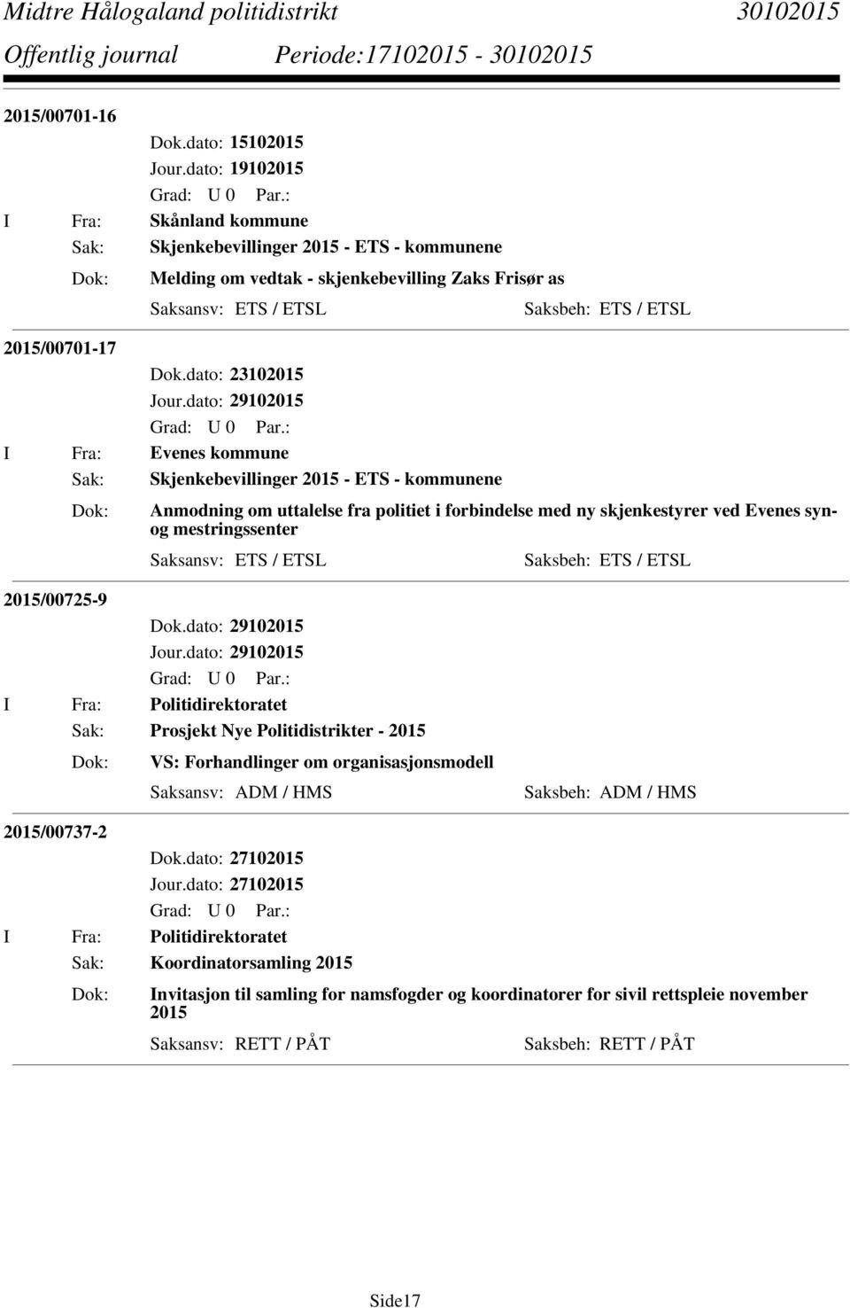 dato: 23102015 I Fra: Evenes kommune Sak: Skjenkebevillinger 2015 - ETS - kommunene Anmodning om uttalelse fra politiet i forbindelse med ny skjenkestyrer ved Evenes synog mestringssenter Saksansv: