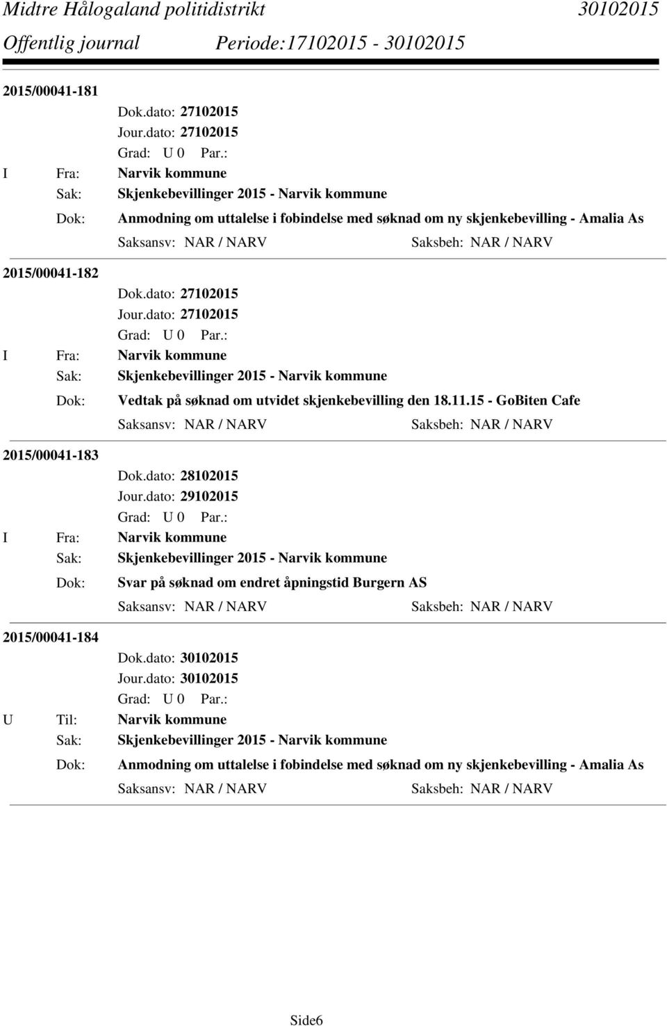 / NARV 2015/00041-182 Dok.dato: 27102015 Jour.dato: 27102015 I Fra: Narvik kommune Sak: Skjenkebevillinger 2015 - Narvik kommune Vedtak på søknad om utvidet skjenkebevilling den 18.11.